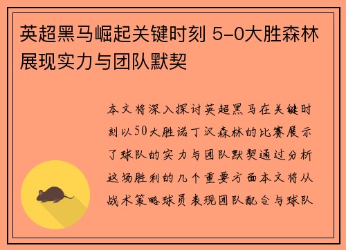 英超黑马崛起关键时刻 5-0大胜森林展现实力与团队默契