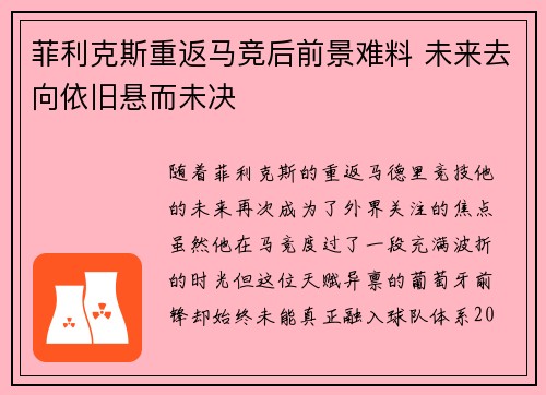 菲利克斯重返马竞后前景难料 未来去向依旧悬而未决 菲利克斯重返马竞后前景难料 未来去向依旧悬而未决